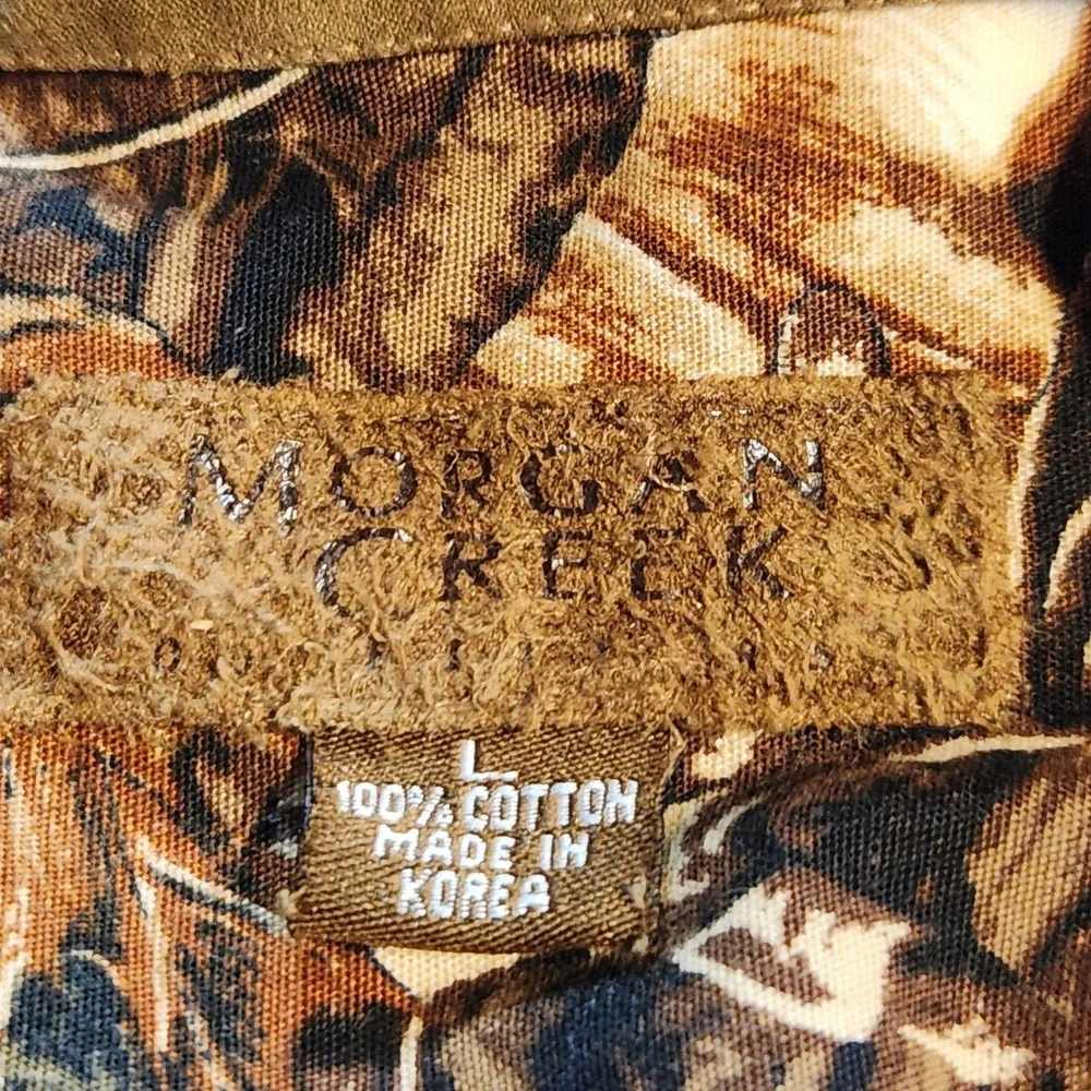 VTG Morgan Creek Brown Hunter‎ Camo Button Down Mens Sz L Elbow Shoulder Patches